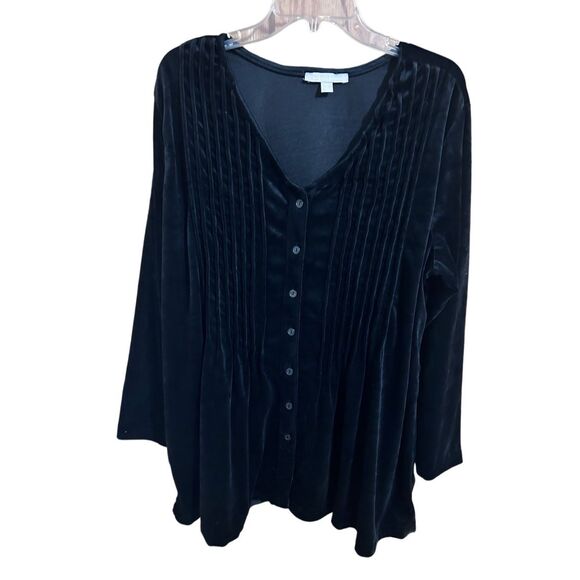 Woman Within Plus Size 1X Black Velour Velvet Feel Button Up VNeck Tunic Top - Picture 1 of 10